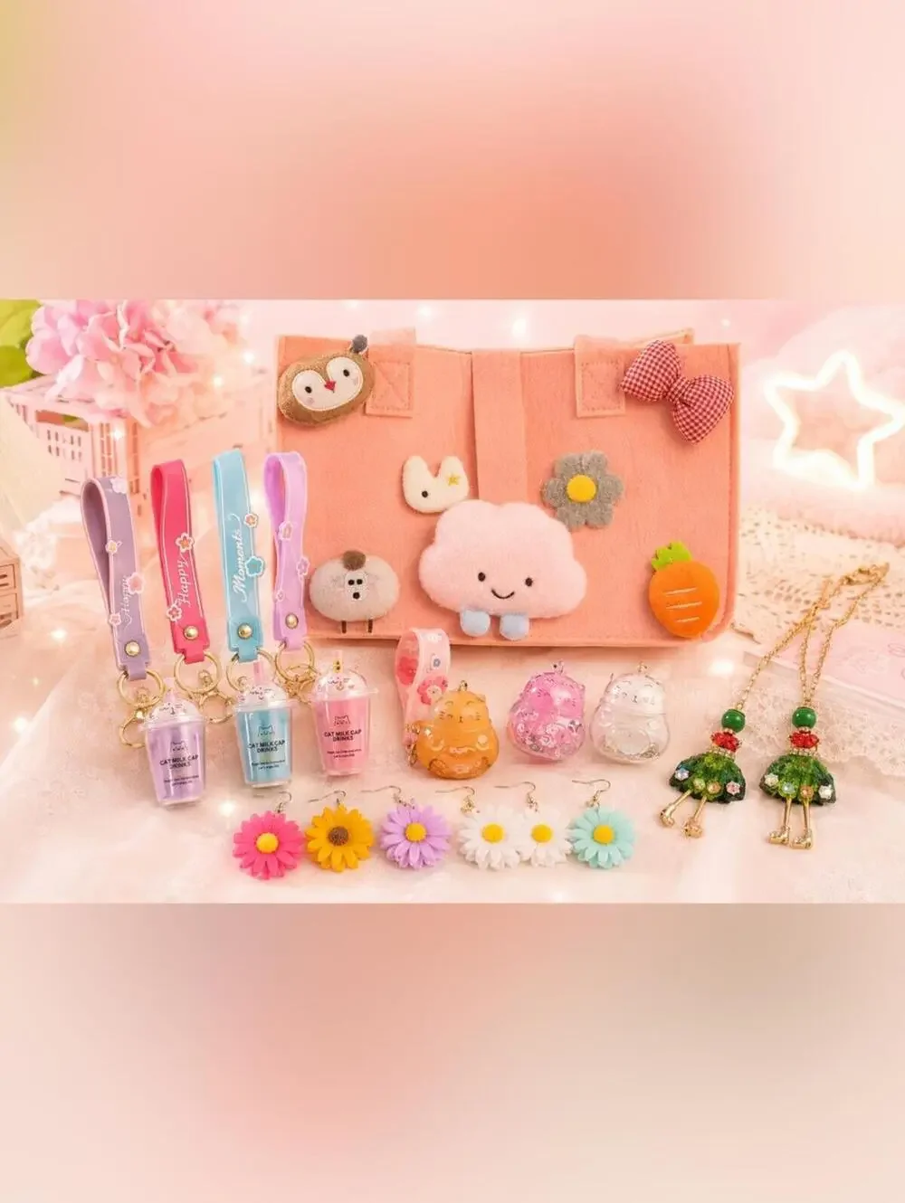 Kawaii Pastel Pink Tote Bag Accessory Bundle with Plush Appliques and Charms
